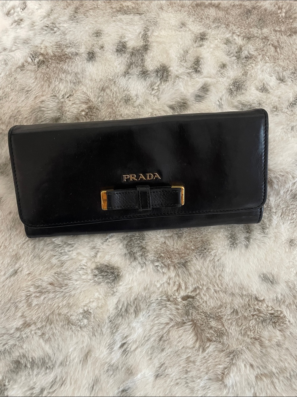 Prada Black Leather Bow Clutch with Gold Logo